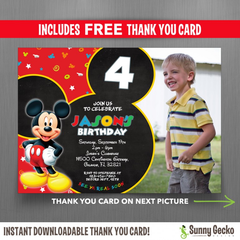 Mickey Mouse Clubhouse 7x5 in. Birthday Party Invitation with Photo - Includes FREE editable Thank you Card